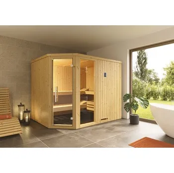 Sauna Bio sauna z masivního dřeva Weka Varberg rohová GTF vč. 7,5kW bio kamen a digitálního ovládání s oknem a grafitově šedými celoskleněnými dveřmi