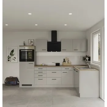 Kuchyňská linka Rohová kuchyň se spotřebiči Flex Well Lund 280 cm barva čela světle šedá lesk barva korpusu kouřově šedá matný