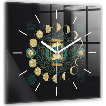 Hodiny Moderní Čtvercové Skleněné Foto Hodiny Fáze měsíce a přesýpací hodiny 60x60 cm