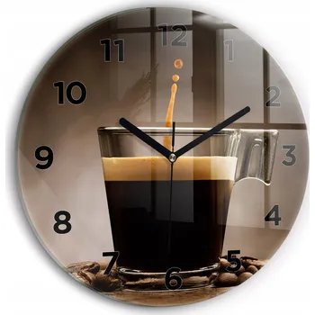 Hodiny Skleněné nástěnné hodiny do moderního interiéru se vzorem šálek kávy průměr 30 cm