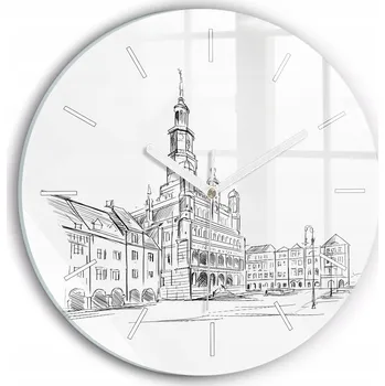 Hodiny Skleněné minimalistické hodiny na zeď – Silueta starého města Poznaň, průměr 30 cm