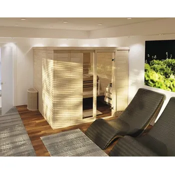 Sauna Finská sauna z masivního dřeva Roro ABN K402121 bez kamen se střešním věncem a celoskleněnými dveřmi z čirého skla