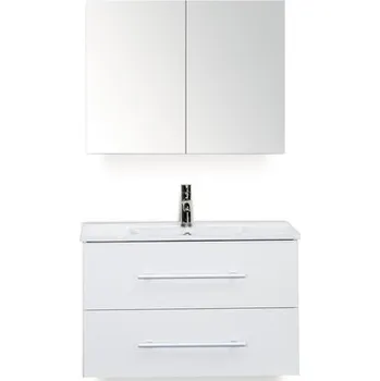 Koupelnový nábytek Koupelnový nábytkový set Stretto 80 cm s keramickým umyvadlem a zrcadlovou skříňkou bílá vysoce lesklá