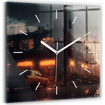Hodiny Čtvercové Skleněné Nástěnné Hodiny s Motivem Apokalyptické Budovy 30x30 cm