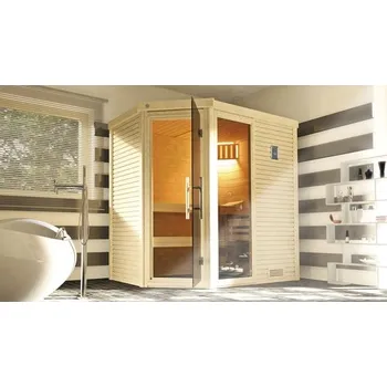 Sauna Bio sauna z masivního dřeva Weka Cubilis 2 rohová GTF vč. 7,5kW bio kamen a digitálního ovládání s okny a grafitově šedými celoskleněnými dveřmi