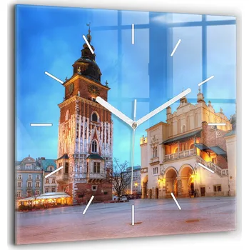 Hodiny Nástěnné čtvercové skleněné hodiny do kanceláře Hlavní trh v Krakově 60x60 cm