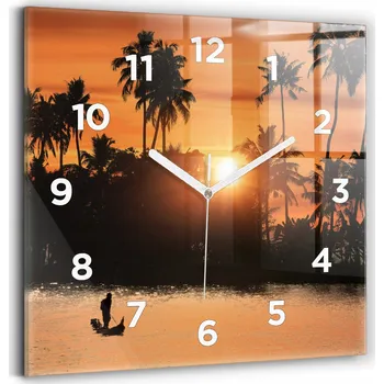 Hodiny Nástěnné čtvercové skleněné hodiny s grafikou Západ slunce a palmy 30x30 cm