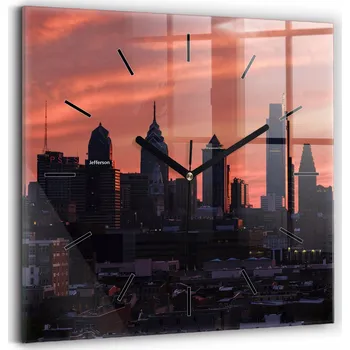 Hodiny Skleněné nástěnné hodiny s fotografií do obýváku Panorama města Philadelphia 30x30 cm