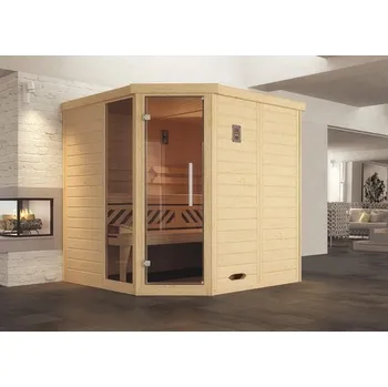 Sauna Bio sauna z masivního dřeva Weka Kemi rohová GT vel.1 vč. 7,5kW bio kamen a digitálního ovládání s okny a grafitově šedými celoskleněnými dveřmi
