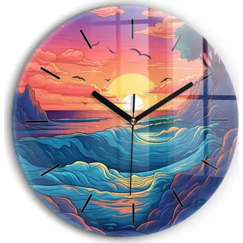 Hodiny Moderní skleněné nástěnné hodiny s potiskem Pohádkové vlny a oceán průměr 30 cm