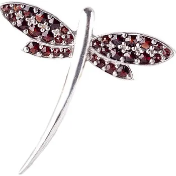 Brož granát - stříbrná brož - vážka (5021) povrchová úprava: zlacené