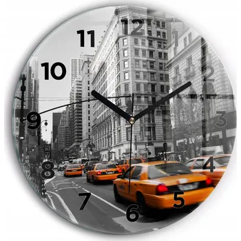 Hodiny Skleněné nástěnné hodiny Manhattan a taxíky kulatý černé ručičky průměr 60 cm
