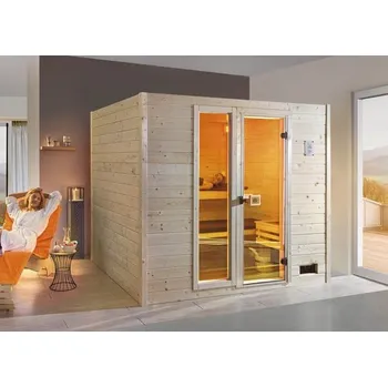 Sauna Finská sauna z masivního dřeva Weka Valida GTF vel.4 vč. 9kW kamen a integrované ovládání s oknem a celoskleněnými dveřmi z čirého skla
