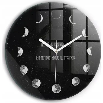 Hodiny Skleněné nástěnné hodiny Fáze Měsíce a nápis bílé ručičky kulatý průměr 30 cm