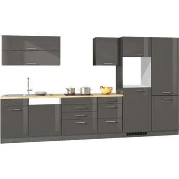 Kuchyňská linka Kuchyňský blok Held Möbel Mailand 360 cm barva čela šedá vysoce lesklé barva korpusu grafit matný