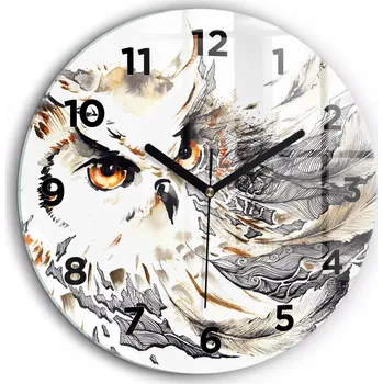 Hodiny Skleněné nástěnné hodiny Sova symbol moudrosti černé ručičky kulatý průměr 60 cm