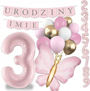 Balónek BALÓNKY sada dekorací k narozeninám LIBOVOLNÉ číslice, motýl, nápis BANNER + JMÉNO