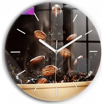 Hodiny Skleněné nástěnné hodiny do obýváku se stylovým potiskem Horká káva průměr 60 cm