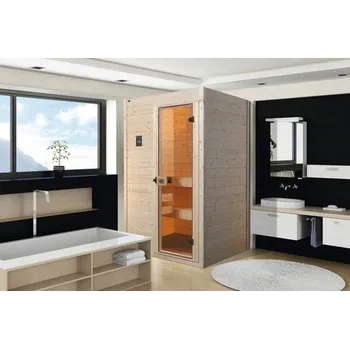 Sauna Finská sauna z masivního dřeva Weka Valida GT vel.1 vč. 4,5kW kamen a digitálního ovládání bez oken s celoskleněnými dveřmi z čirého skla