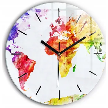 Hodiny Čtvercové skleněné nástěnné hodiny s motivem akvarelové mapy světa fi60 cm