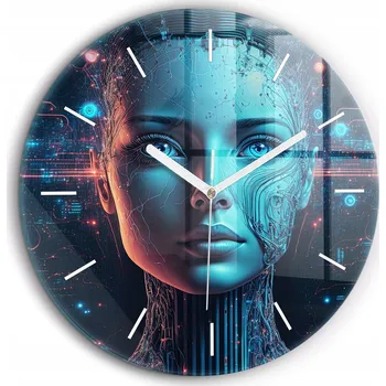 Hodiny Kulatý Skleněné Foto Hodiny na Zeď do Obýváku Umělá inteligence průměr 60 cm