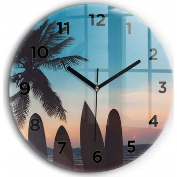 Hodiny Moderní skleněné nástěnné hodiny Surfing na pláži, černé ručičky, průměr 60 cm