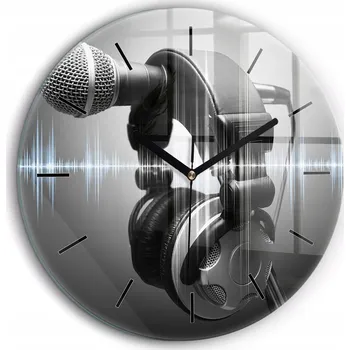 Hodiny Nástěnné skleněné hodiny do moderního interiéru Mikrofon a Sluchátka průměr 60 cm
