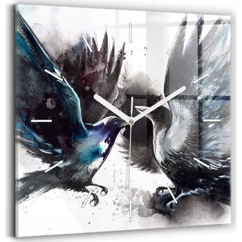 Hodiny Čtvercové Skleněné Nástěnné Hodiny do Kanceláře s Motivem Malovaných Ptáků 30x30 cm