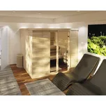 Finská sauna z masivního dřeva Roro ABN K402117 bez kamen se střešním věncem a celoskleněnými dveřmi z čirého skla