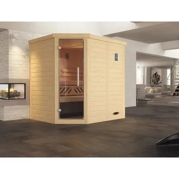 Sauna Finská sauna z masivního dřeva Weka Kemi rohová GT vč. 7,5kW kamen a digitálního ovládání a grafitově šedými celoskleněnými dveřmi