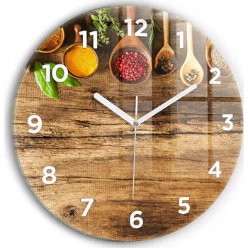 Hodiny Moderní skleněné nástěnné hodiny s potiskem Koření Lžíce kulatý průměr 30 cm