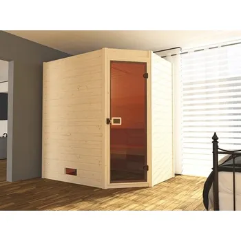 Sauna Finská sauna z masivního dřeva Weka Valida rohová vel.1 vč. 5,4kW kamen a integrované ovládání s celoskleněnými dveřmi z čirého skla