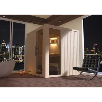 Sauna Finská sauna z masivního dřeva Halmstad GTF vel.2 vč. 7,5kW kamen a digitálního ovládání s oknem a grafitově šedými celoskleněnými dveřmi