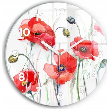 Hodiny Tiché nástěnné hodiny ze skla Malované červené máky kulatý průměr 30 cm