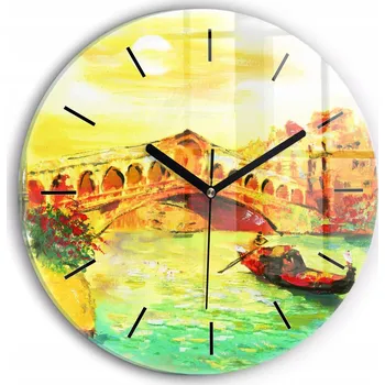 Hodiny Moderní skleněné nástěnné hodiny Benátky Most Rialto kulatý průměr 30 cm