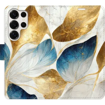 Pouzdro na mobilní telefon Flipové pouzdro iSaprio - GoldBlue Leaves - Samsung Galaxy S25 Ultra