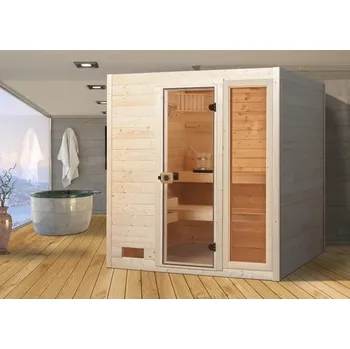 Sauna Finská sauna z masivního dřeva Weka Valida GTF vel.3 vč. 9kW kamen a integrované ovládání s oknem a celoskleněnými dveřmi z čirého skla