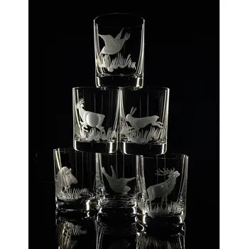 Sklenice skleničky na likér 6ks Barline 60ml s rytinou myslivosti - ručně ryté (broušené), dárek pro myslivce