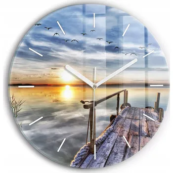 Hodiny Moderní skleněné nástěnné hodiny s potiskem Jezero Západ Slunce průměr 30 cm