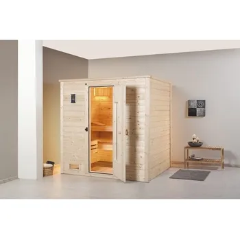 Sauna Bio sauna z masivního dřeva Weka Bergen HT vel.1.8 vč. 7,5 kW bio kamen a digitálního ovládání bez okna se dřevěnými dveřmi a tepelně izolačním sklem