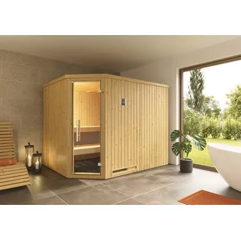Sauna Bio sauna z masivního dřeva Weka Varberg rohová GT vč. 7,5 kW bio kamen a digitálního ovládání bez okna s celoskleněnými dveřmi v grafitové barvě