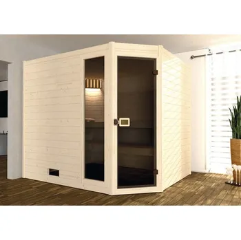 Sauna Finská sauna z masivního dřeva Weka Valida rohová GTF vel.3 vč. 9kW kamen a integrované ovládání s oknem a celoskleněnými dveřmi z čirého skla