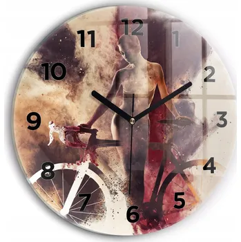 Hodiny Čtvercové Skleněné Nástěnné Hodiny do Kanceláře s Grafikou Žena a kolo fi30 cm