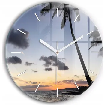 Hodiny Moderní skleněné foto hodiny na zeď Palma a východ slunce kulatý průměr 30 cm