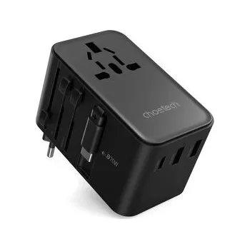 Powerbanka Adapter podróżny Choetech PD5022 70W EU / US / AUS / UK z wbudowanym kablem USB-C - czarny