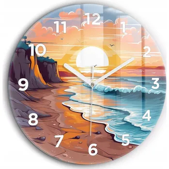 Hodiny Čtvercové Skleněné Nástěnné Hodiny s Motivem Pohádkový oceán a slunce fi60 cm