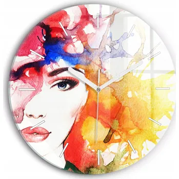 Hodiny Nástěnné Čtvercové Skleněné Hodiny do Obýváku Barevný portrét ženy fi30 cm