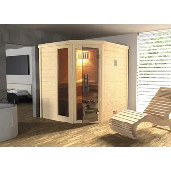 Sauna Finská sauna z masivního dřeva Weka Turku rohová set 1 vč. 7,5kW kamen a digitálního ovládání s okny a grafitově šedými celoskleněnými dveřmi