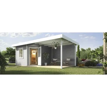 Venkovní sauna Weka Salo 2 vč. 7,5kW kamen a digitálního ovládání s předsíňkou a dřevěnými dveřmi z tepelně izolačního skla šedá/bílá