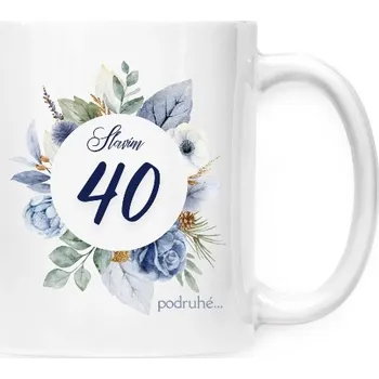 Hrnek malý bílý s potiskem Slavím čtyřicet podruhé